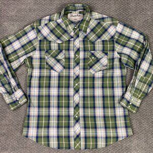 Wrangler Western Pearl Snap Shirt Men's Large Green Plaid Check Long Sleeve